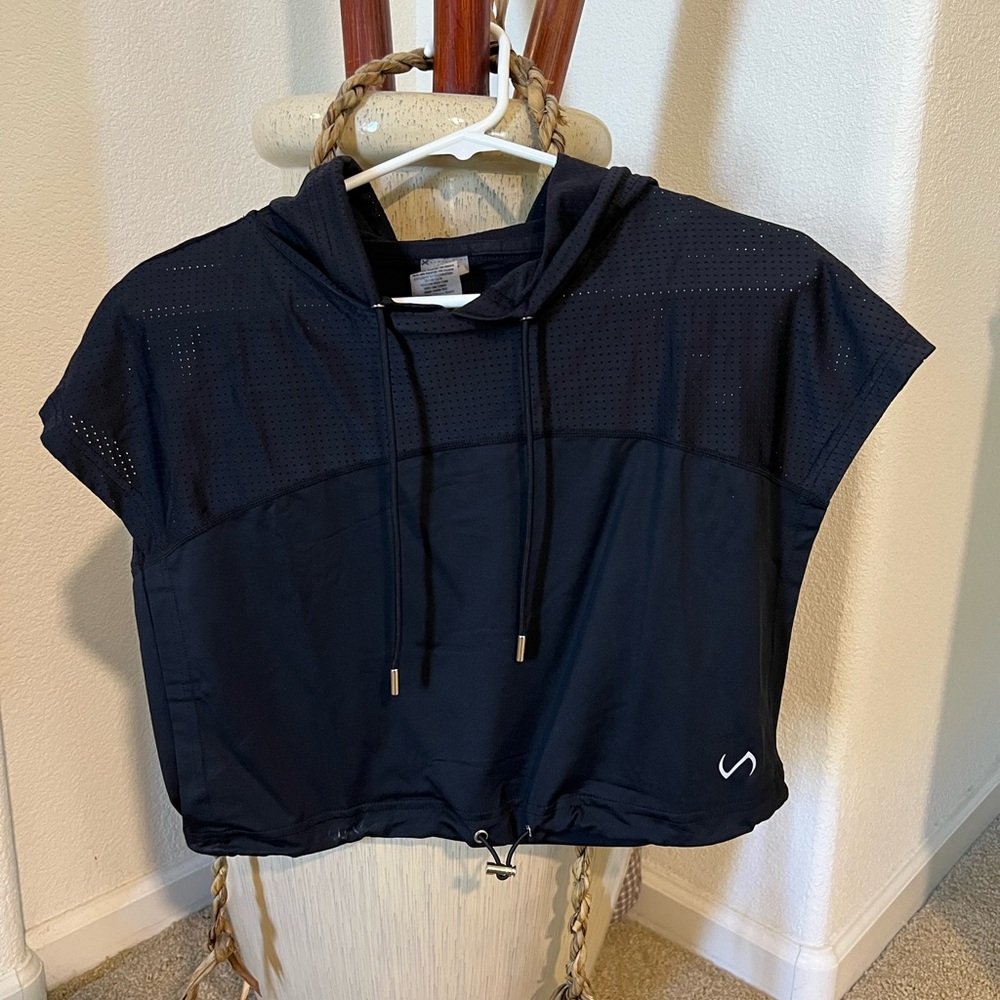 Black Mesh Hooded Short Sleeve Top